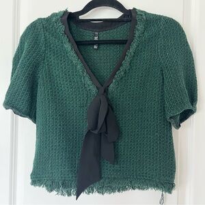 Zara trf Collection S Green Knit Textured Short Sleeve Blouse with Black Bow Tie